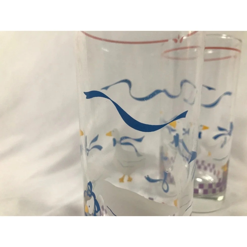 Vintage 80s Country Goose Drinking Glasses White Blue Ribbon Hearts Set of 2